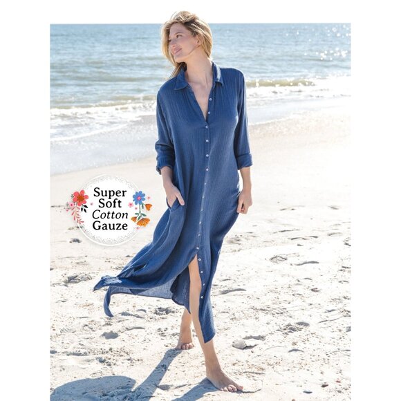 NATURAL LIFE Drew Shirt Dress Cotton Gauze Maxi Pockets in Blue size Small - Picture 13 of 14